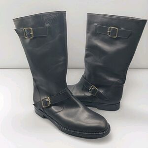 Manolo Blahnik Sz 7.5/ 38.5 Black Leather Women Boots Pull-on Mid-calf Belted